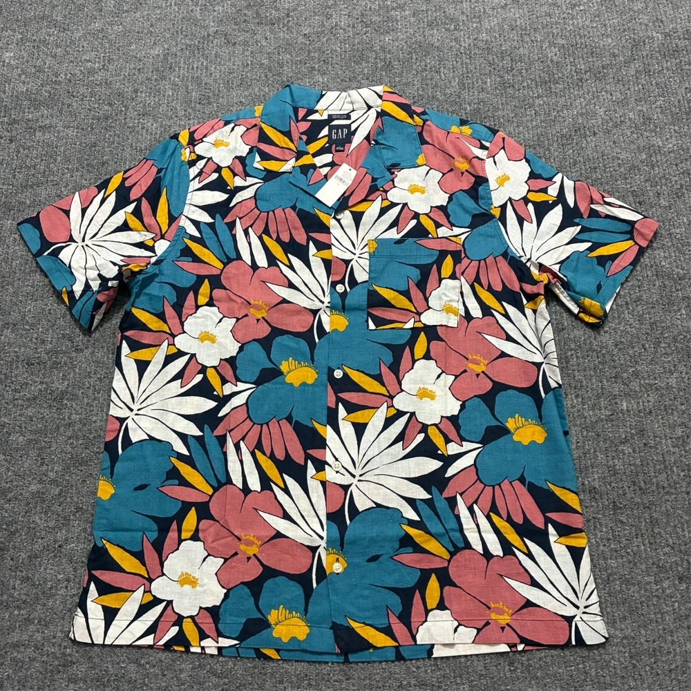 GAP Mens Button Up Shirt Size L Floral Linen‎ Cotton Blend Vacay Short Sleeve